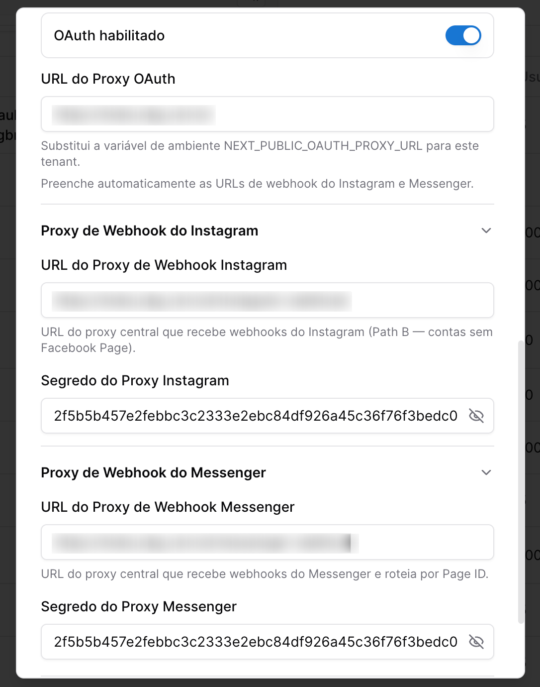 CaptaEdu - tela de configuração do Tenant - oauth instagram e facebook messenger